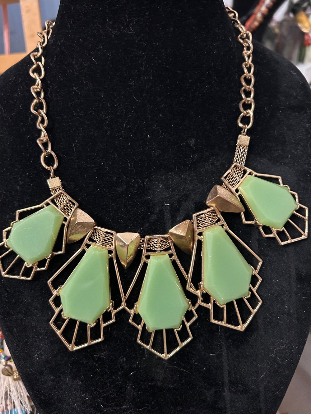 Gold-Tone Statement Necklace with Mint Green Geometric Stones